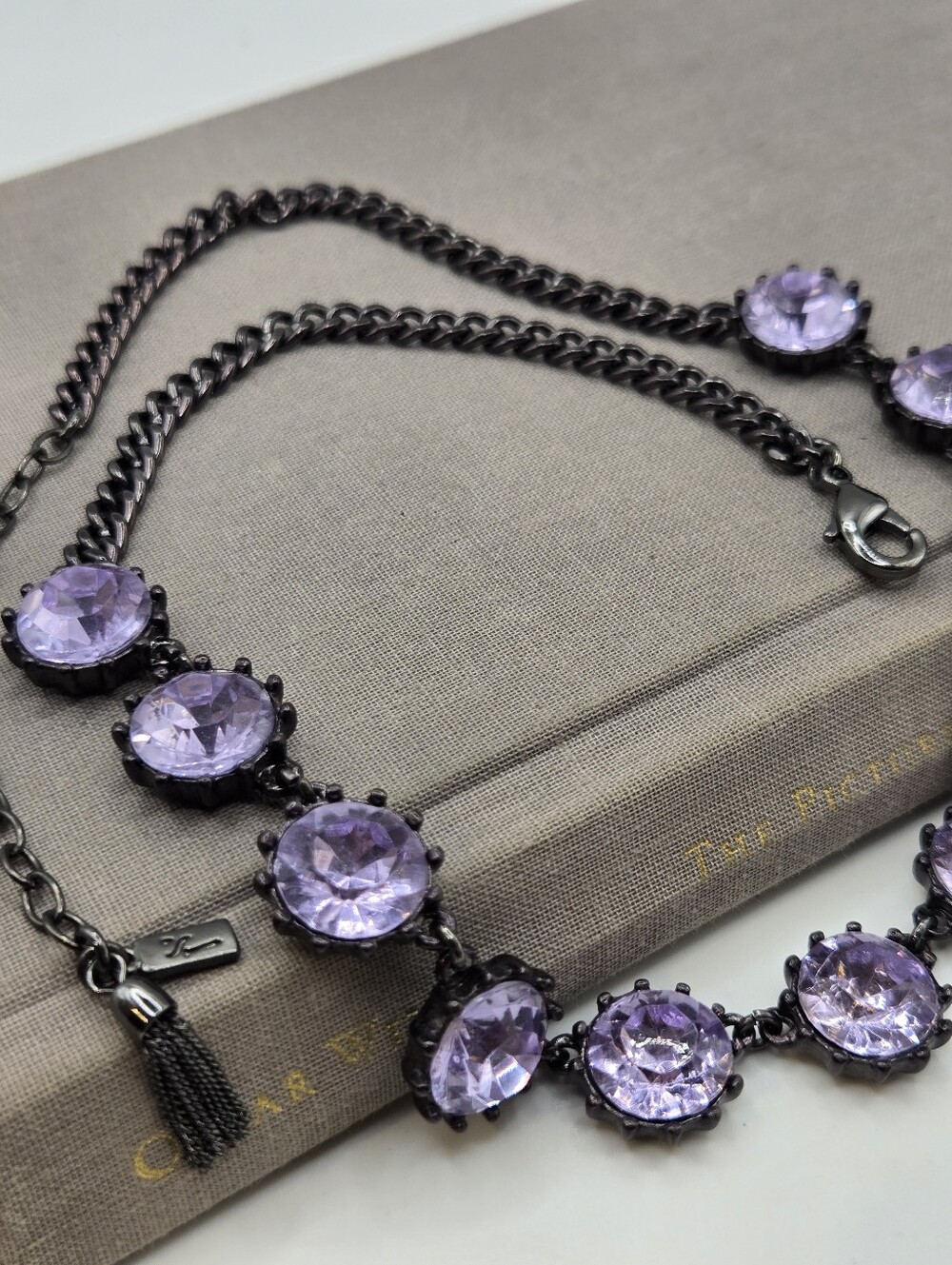 Lavender Purple Crystal Black Gunmetal Whimsigoth Necklace McBling 20" Y2k Icey